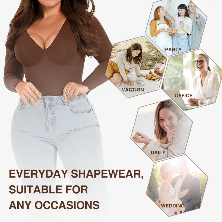 Mocha Deep V-Neck Shapewear With Slimming Compression and Mid Thigh Shorts CocoLolos