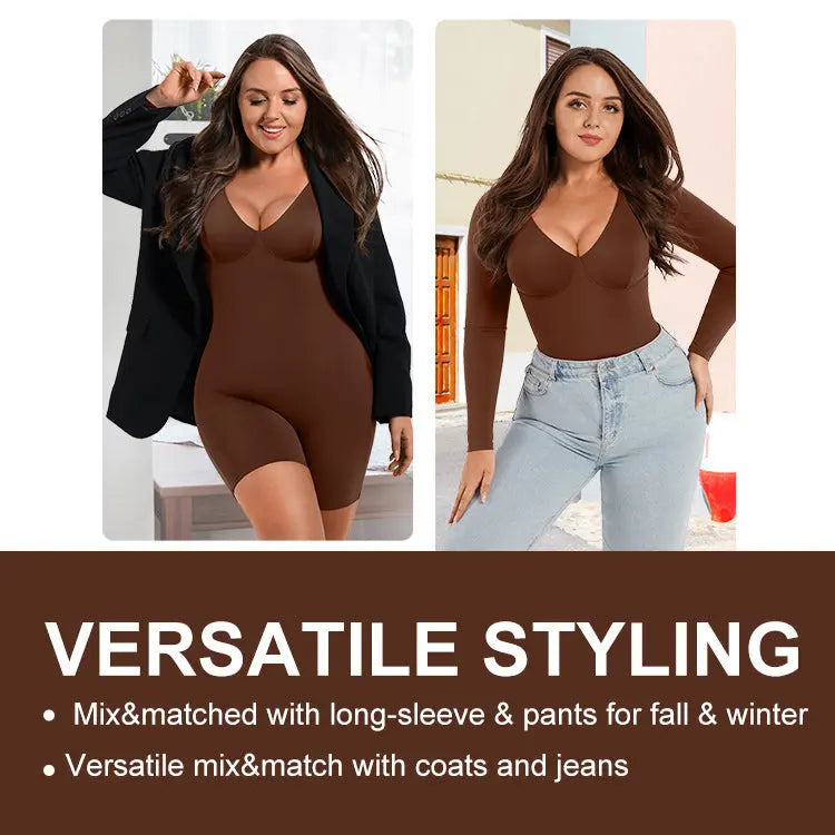 Mocha Deep V-Neck Shapewear With Slimming Compression and Mid Thigh Shorts CocoLolos