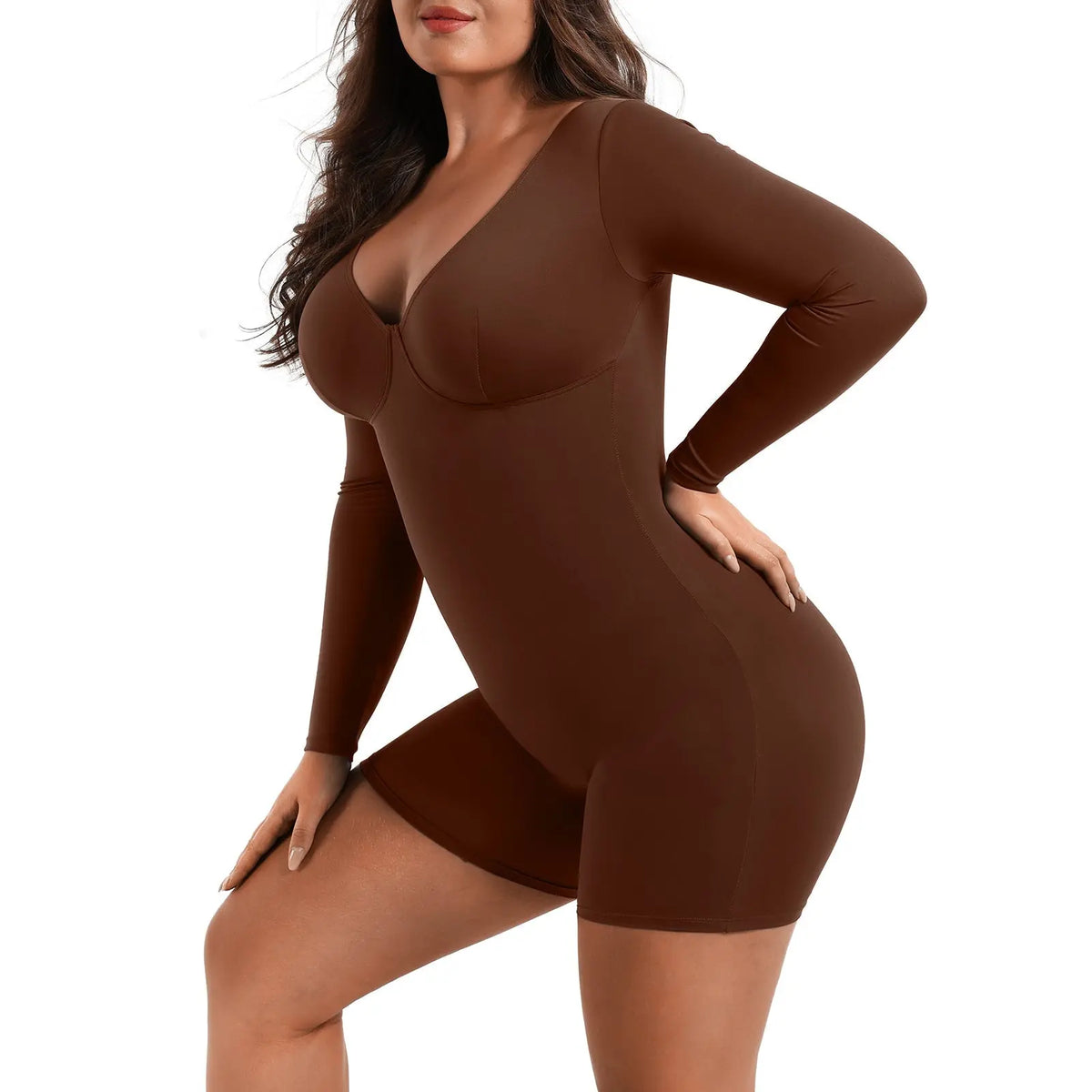 Mocha Deep V-Neck Shapewear With Slimming Compression and Mid Thigh Shorts CocoLolos