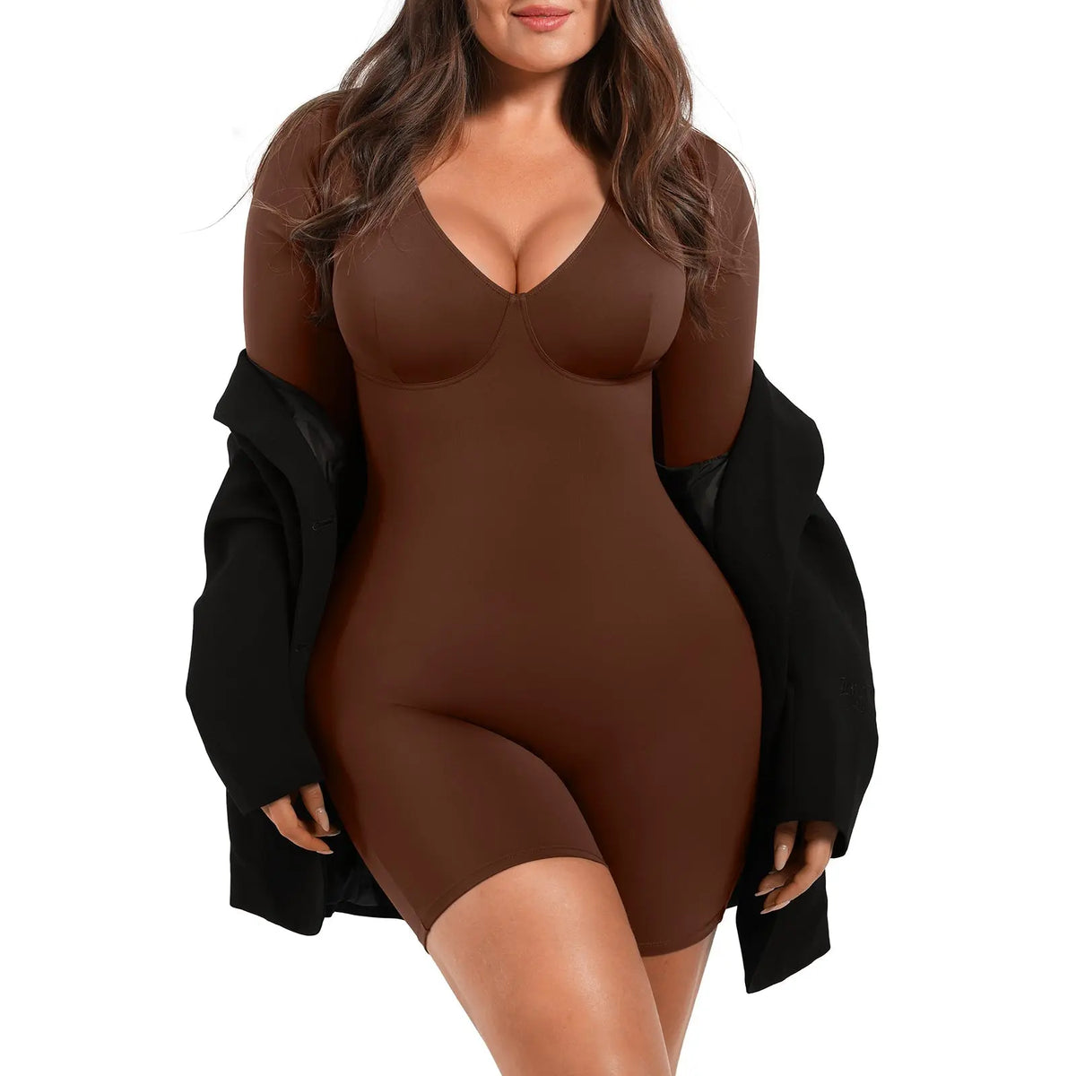 Mocha Deep V-Neck Shapewear With Slimming Compression and Mid Thigh Shorts CocoLolos