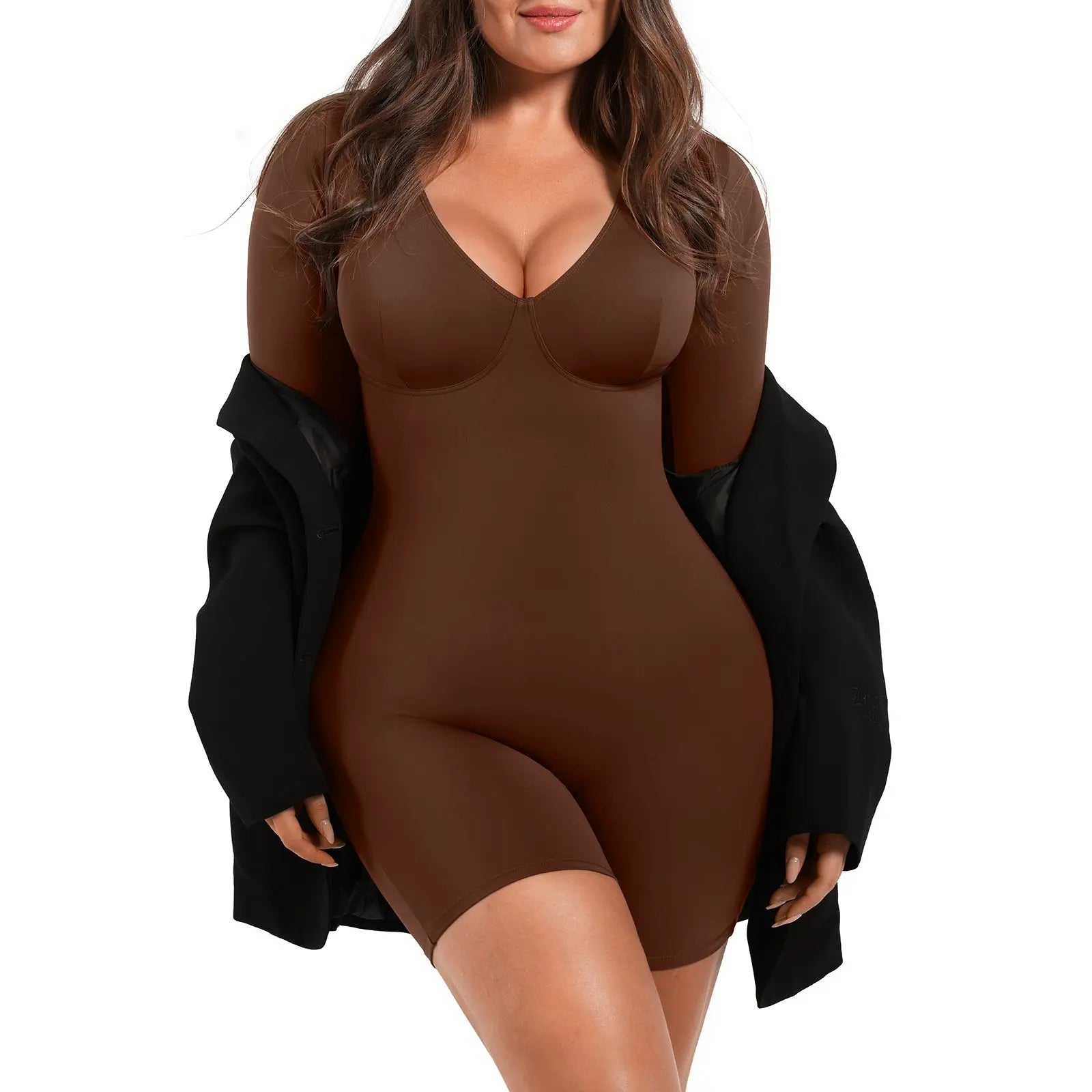 Mocha Deep V-Neck Shapewear With Slimming Compression and Mid Thigh Shorts CocoLolos