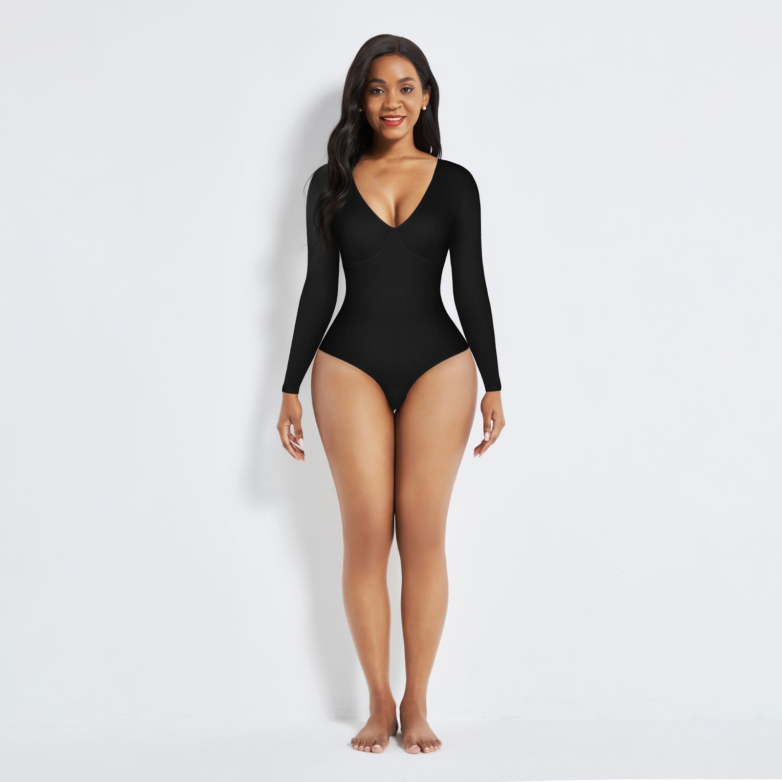 Black Long Sleeve Deep-V Contoured Control Bodysuit