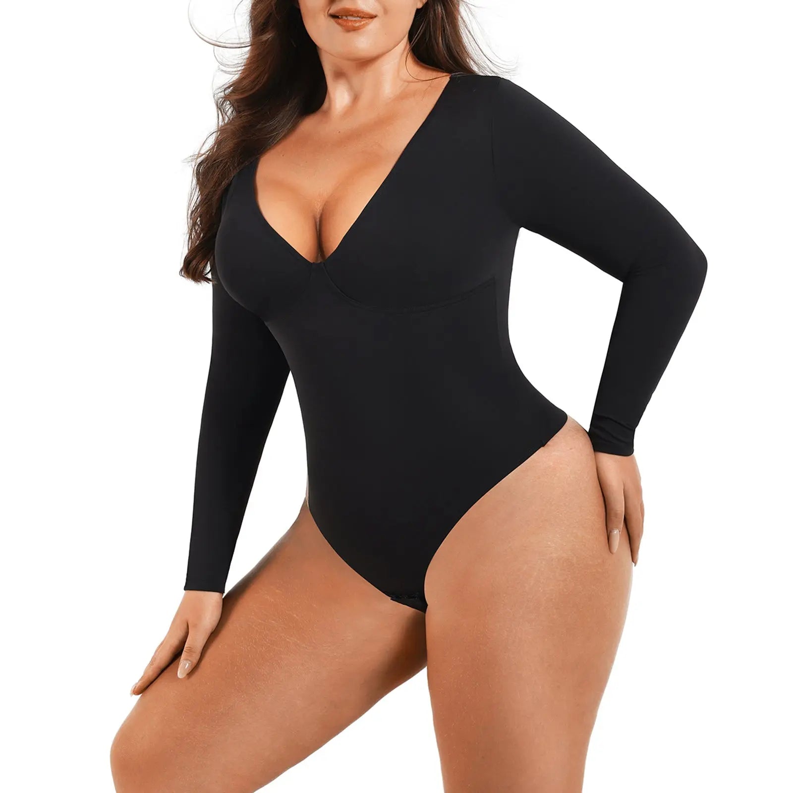 Black Long Sleeve Deep-V Contoured Control Bodysuit CocoLolos