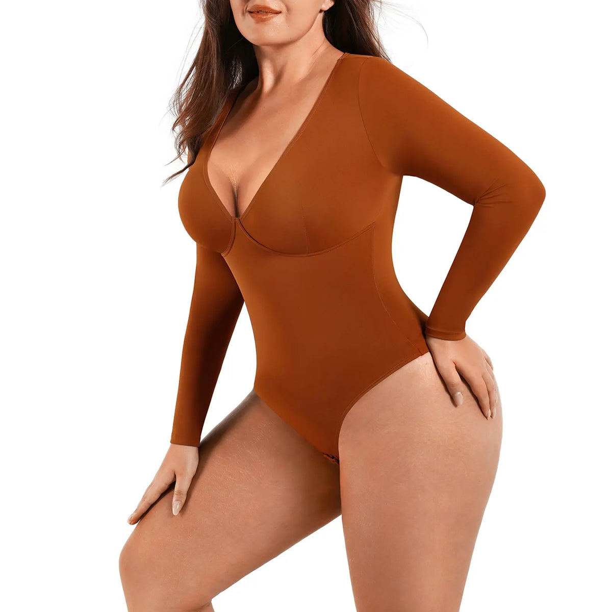 Cinnamon Long Sleeve Deep-V Contoured Control Bodysuit CocoLolos