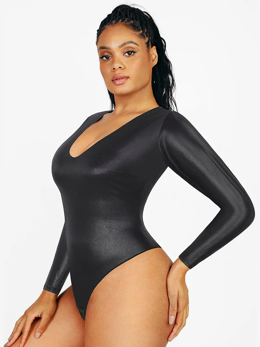 Black Vegan Leather Deep-V Long Sleeve Shaping Bodysuit CocoLolos