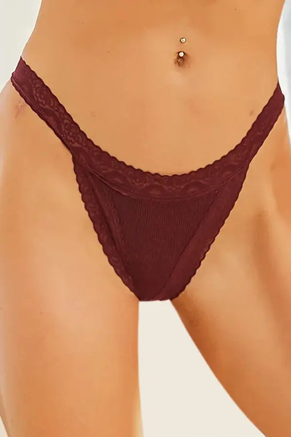 Deep Purple Lace and Ribbed Thong FineToo