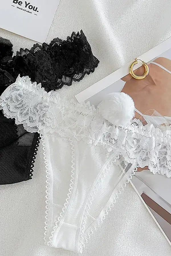 White Bunny Tail Lace Thong FineToo