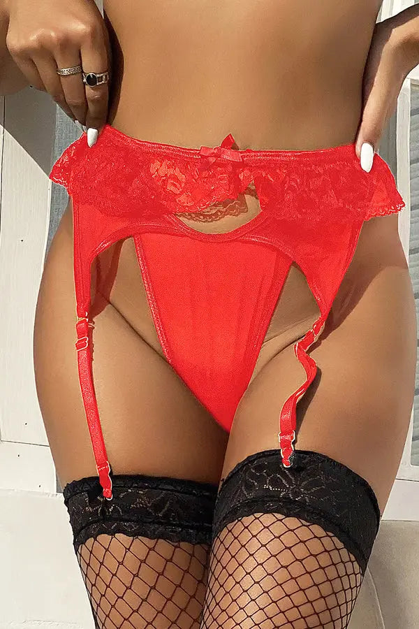 Plus Size Red Lace and Mesh Garter Belt with Ruffled Trim Lingerie Diva