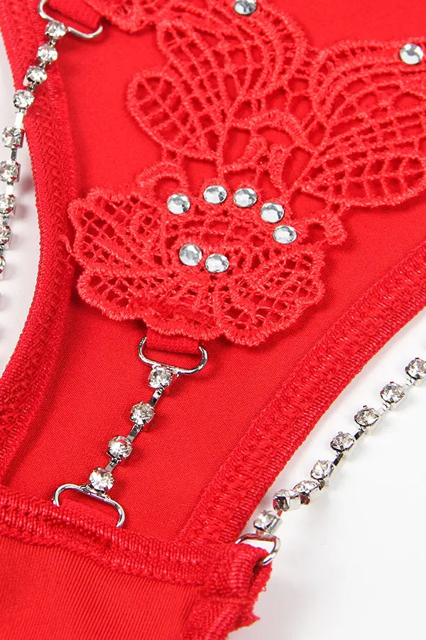 Red Floral Lace Rhinestone Panty Lingerie Diva