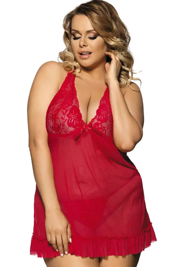 Plus Size Red Lace Halter Babydoll with Ruffle Lingerie Diva