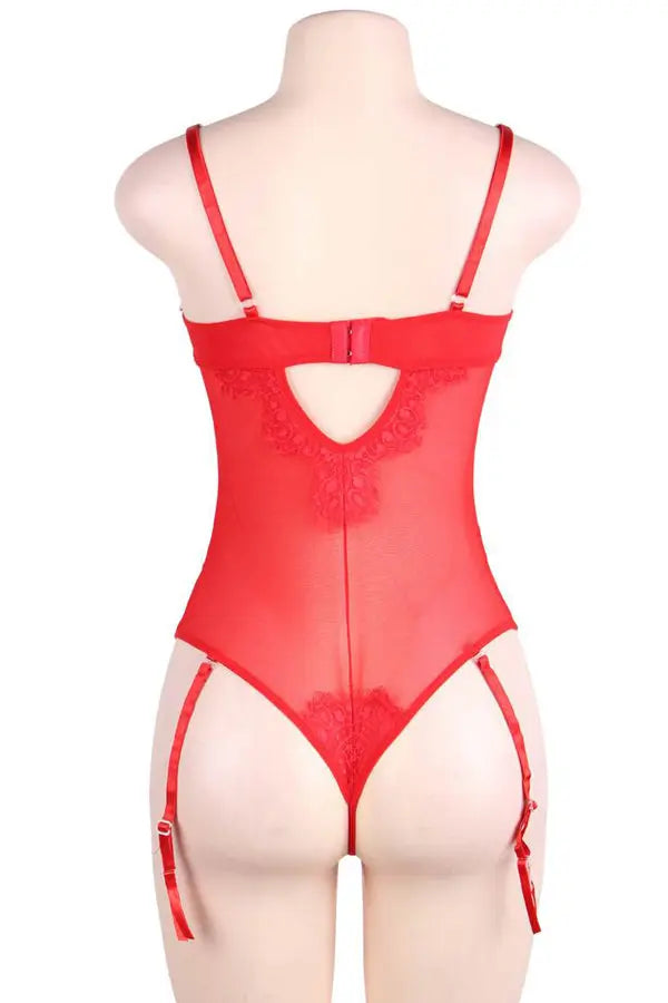 Red Mesh and Lace Cut-Out Teddy Lingerie Diva