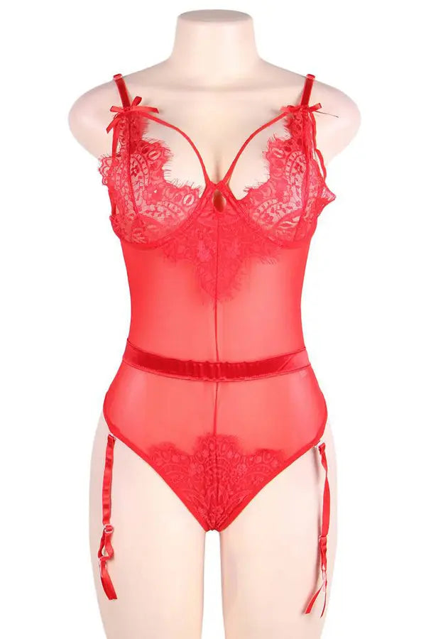 Red Mesh and Lace Cut-Out Teddy Lingerie Diva