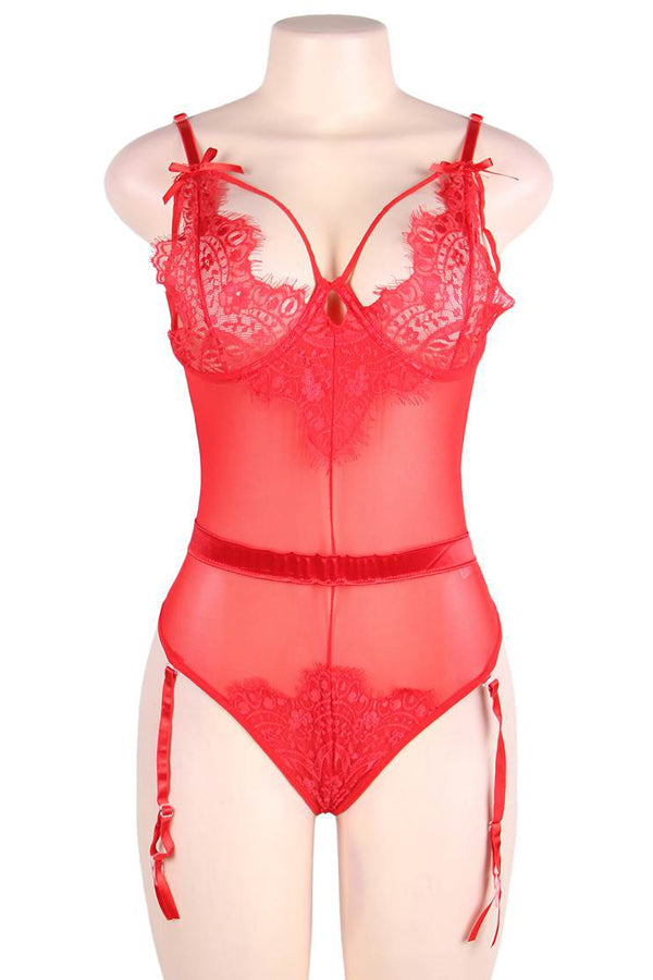 Red Mesh and Lace Cut-Out Teddy
