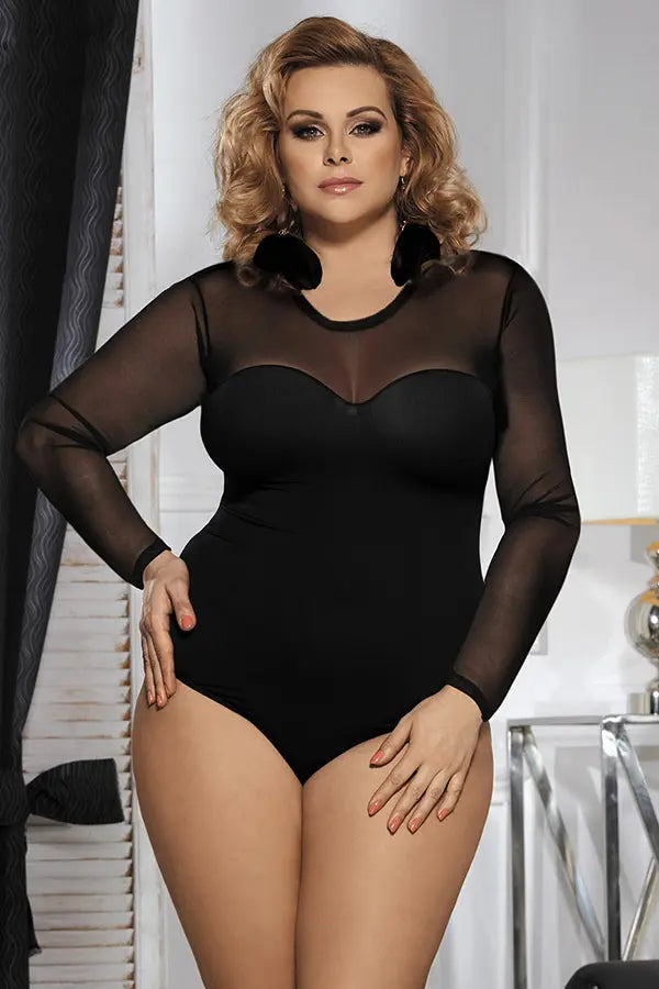 Plus Black Long Sleeve Mesh Bodysuit Lingerie Diva R80373P