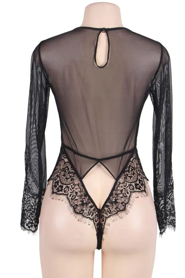 Plus Size Black Long Sleeve Lace Teddy Lingerie Diva