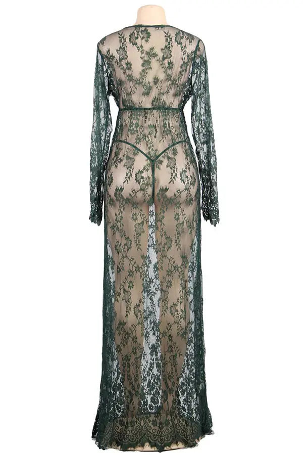 Plus Size Green Lace Long Nightgown with Matching G-String Lingerie Diva
