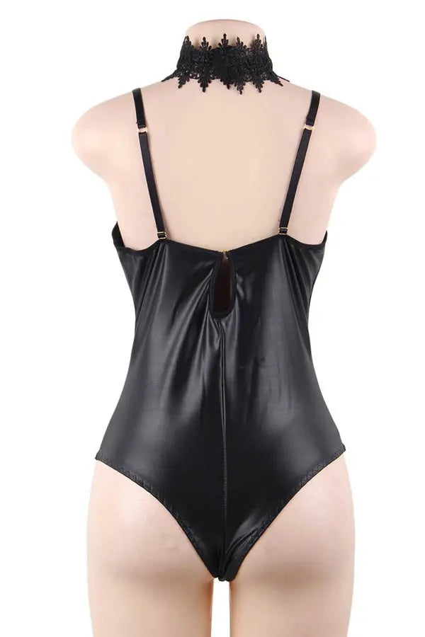 Black Lace Halter Faux Leather Teddy Lingerie Diva