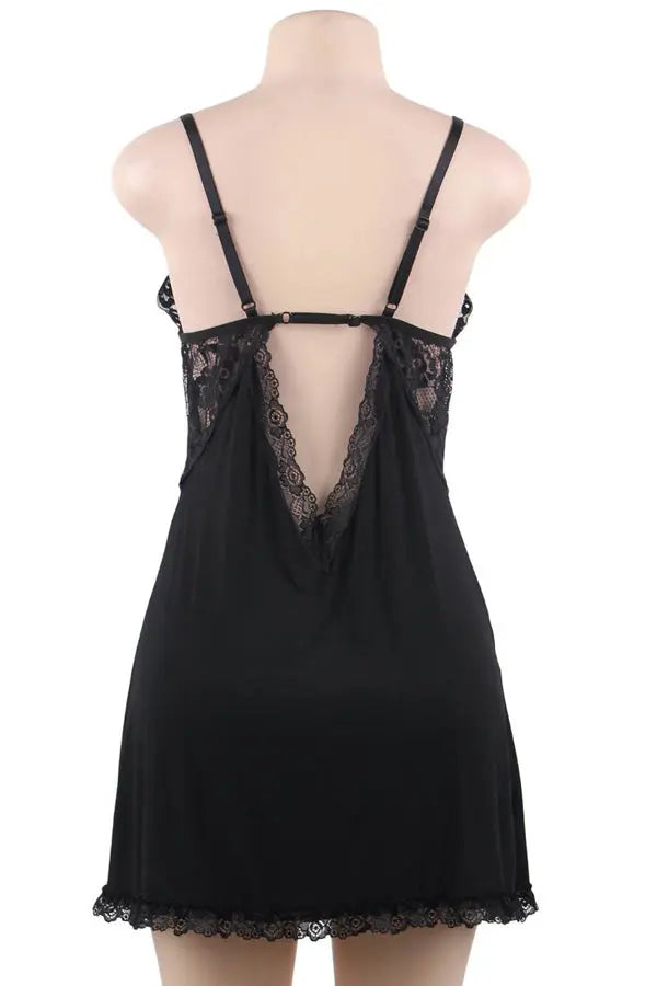 Plus Size Black Open Back Modal Nightdress with G String Lingerie Diva