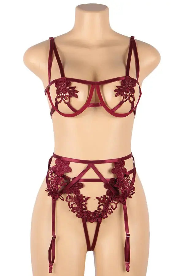 Red Open Cup Strappy Lace Bra, Garter and Thong Set Lingerie Diva
