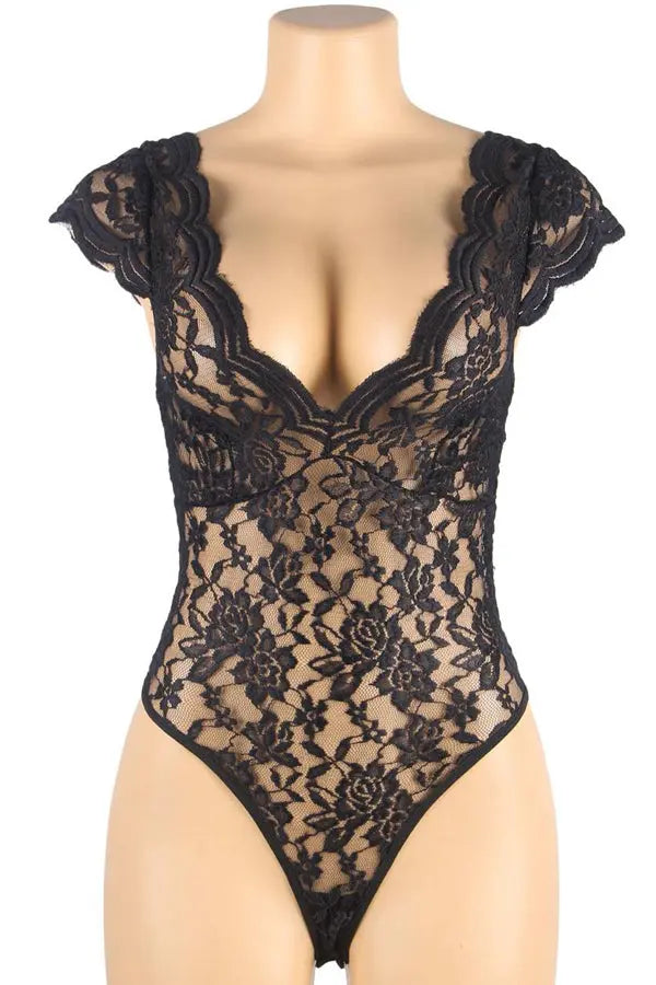 Plus Size Black Scalloped Edge Lace Teddy Lingerie Diva