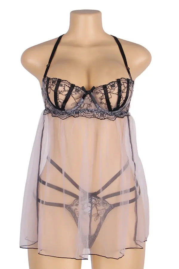 Pink Mesh Halter Back Babydoll with Thong Lingerie Diva