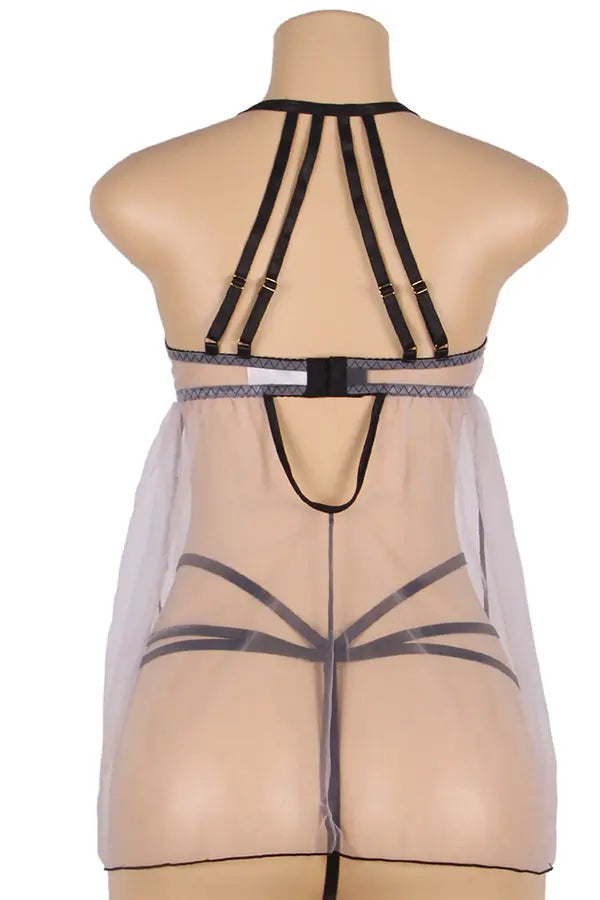 Pink Mesh Halter Back Babydoll with Thong Lingerie Diva