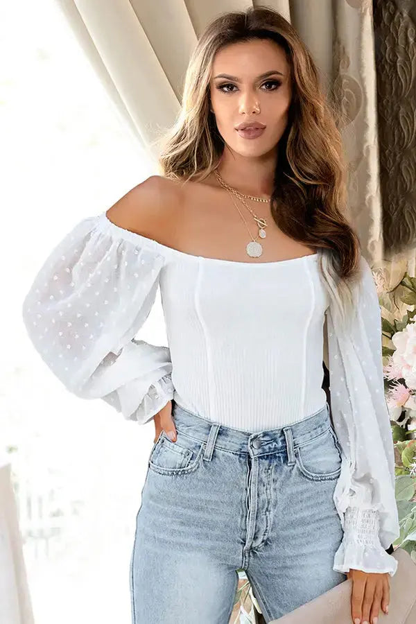 White Off Shoulder Ribbed Bodysuit Lingerie Diva