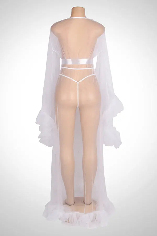 White Long Sexy Ruffled Trumpet Sleeves Robe With Belt Lingerie Diva