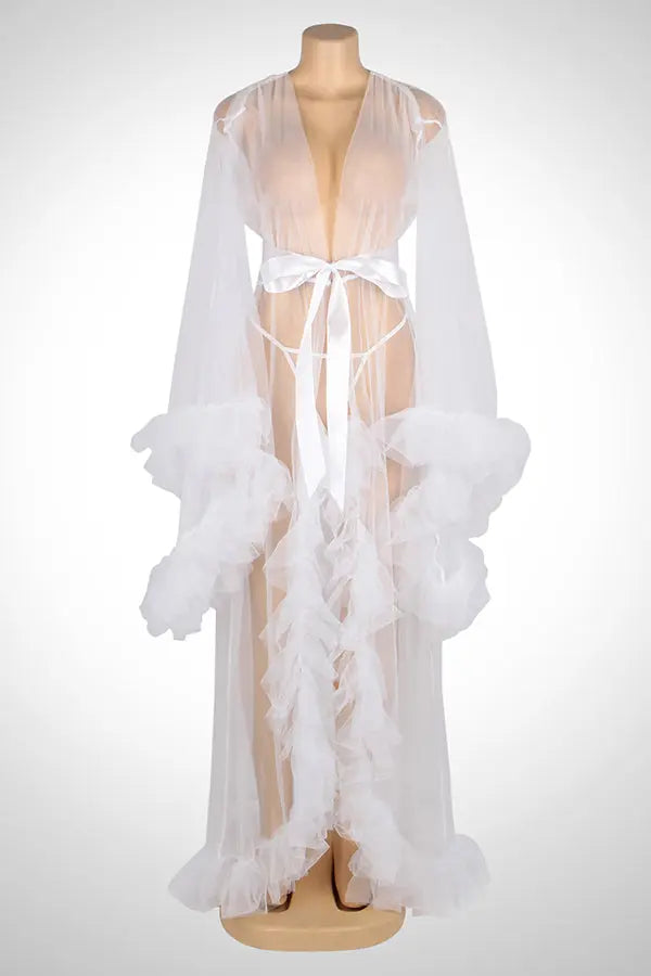 White Long Sexy Ruffled Trumpet Sleeves Robe With Belt Lingerie Diva