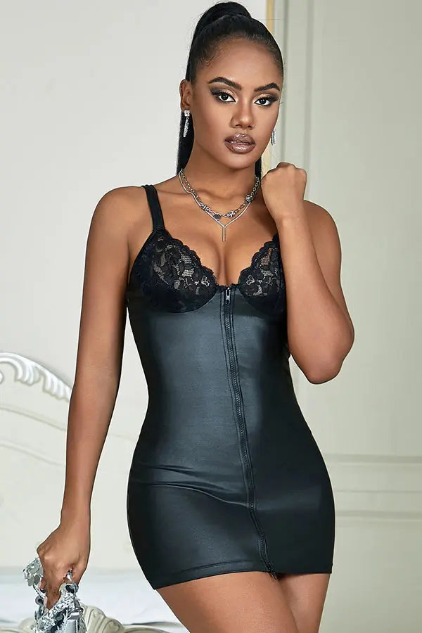 Black Sexy Zippered Faux Leather Bodycon Dress Lingerie Diva