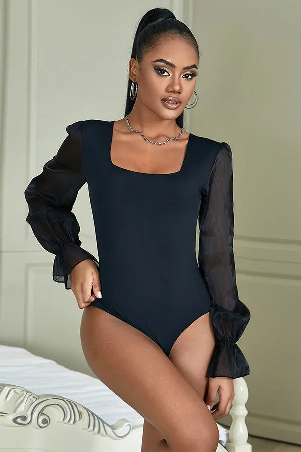 Black Long Sleeve Stretch Bodysuit with Chiffon Sleeves Lingerie Diva
