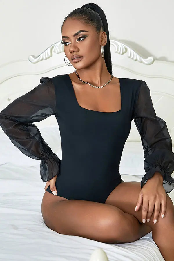 Black Long Sleeve Stretch Bodysuit with Chiffon Sleeves Lingerie Diva