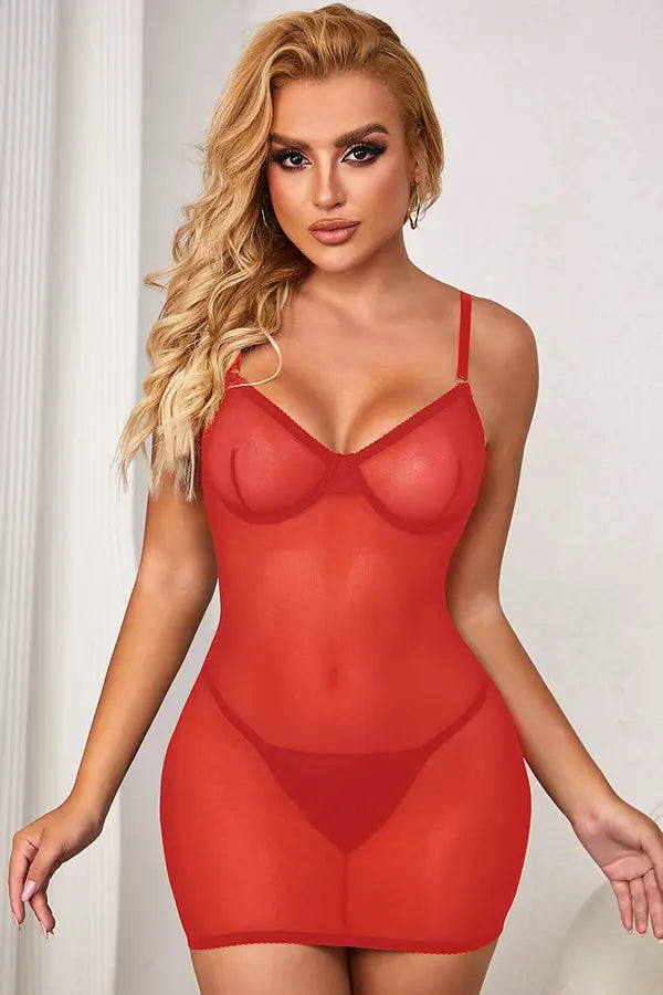 Red Sexy Mesh Strappy Lingerie with a Lace-Up Back Lingerie Diva