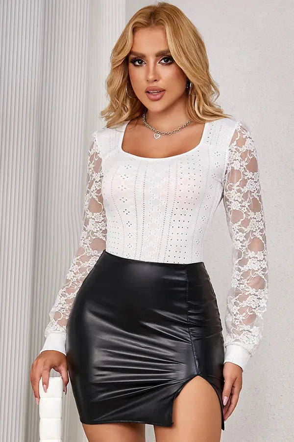 White Bodysuit with Lace Long Sleeves Lingerie Diva