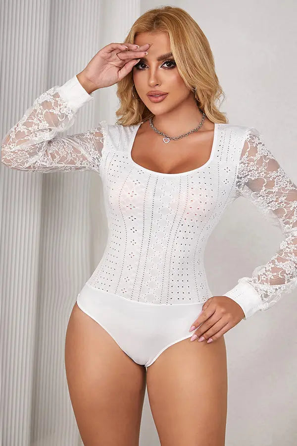 White Bodysuit with Lace Long Sleeves Lingerie Diva