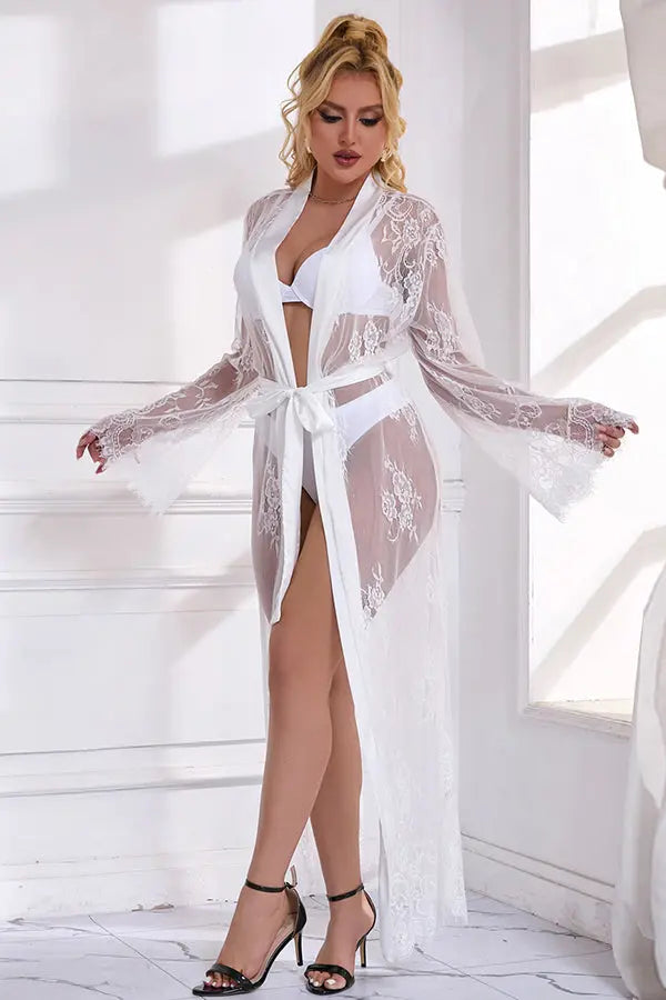 Elegant White Lace Sheer Robe with Satin Trim Lingerie Diva