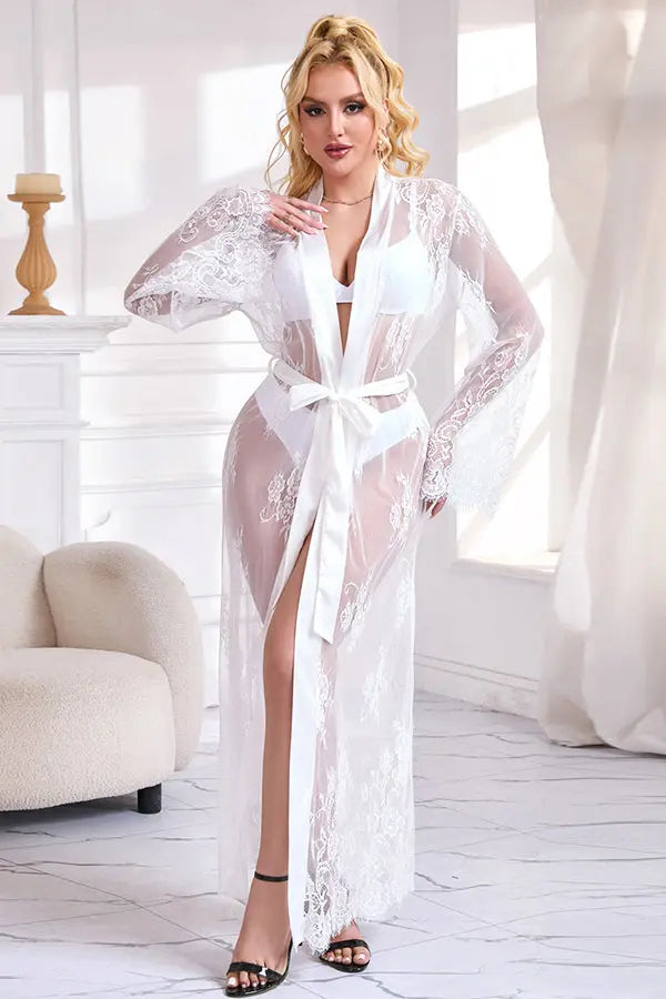 Elegant White Lace Sheer Robe with Satin Trim Lingerie Diva