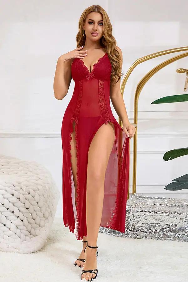 Red Sheer Lace Maxi Lingerie Dress