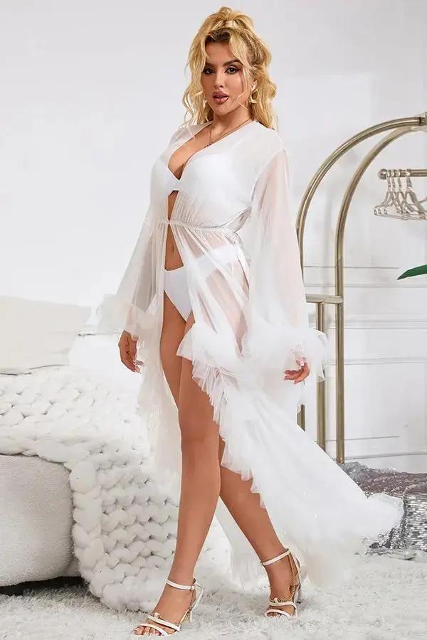Elegant White Sheer Robe with Ruffled Trim Lingerie Diva