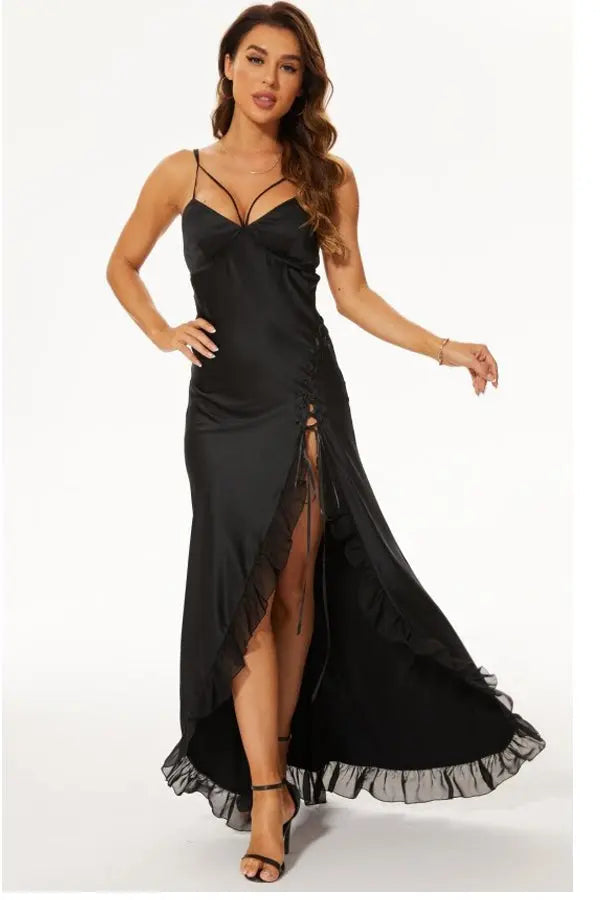 Black Satin Spaghetti Strap Ruffle Dress Velvet Kitten