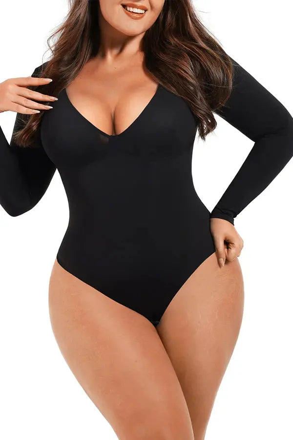 Black Long Sleeve Deep-V Contoured Control Bodysuit CocoLolos