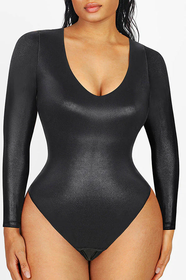 Black Vegan Leather Deep-V Long Sleeve Shaping Bodysuit CocoLolos