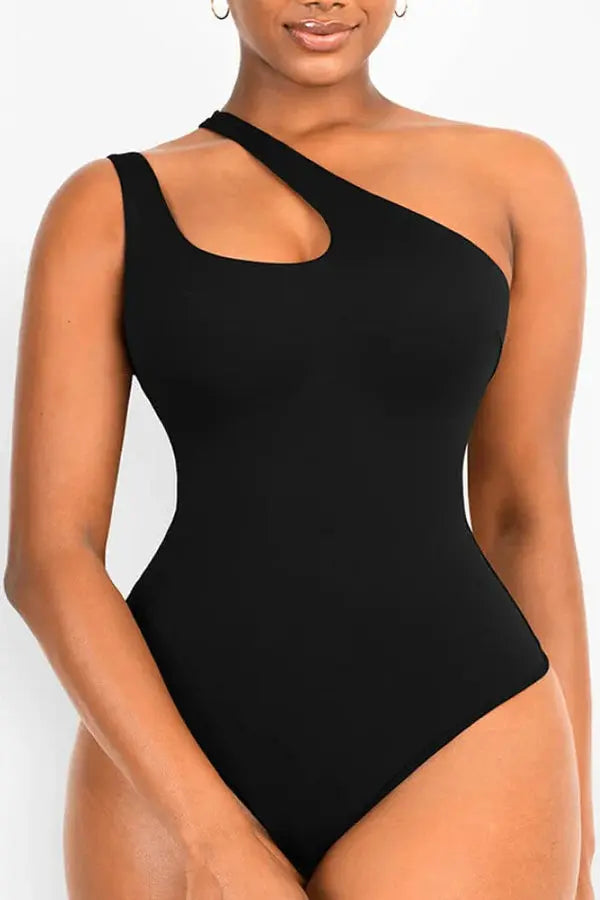 Chic Black Asymmetrical One Shoulder Shaping Bodysuit CocoLolos