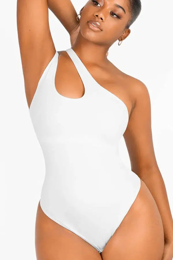 Chic White Asymmetrical One Shoulder Shaping Bodysuit CocoLolos