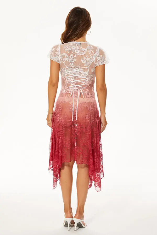 White to Red Lace Ombre Dress Velvet Kitten