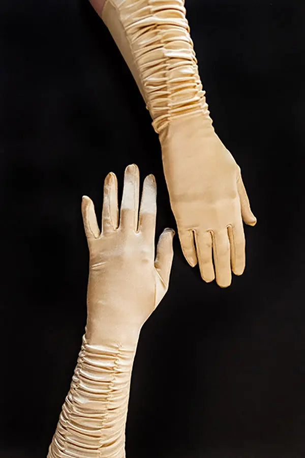 Gold 3/4 Length Satin Ruched Gloves Shirley of Hollywood