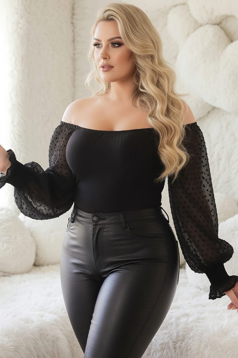 Plus Size Black Off Shoulder Ribbed Bodysuit