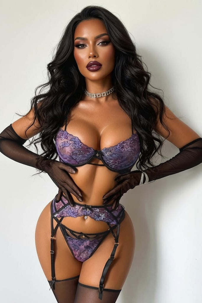 Purple Floral Lace Push Up Bra Garter Thong Set