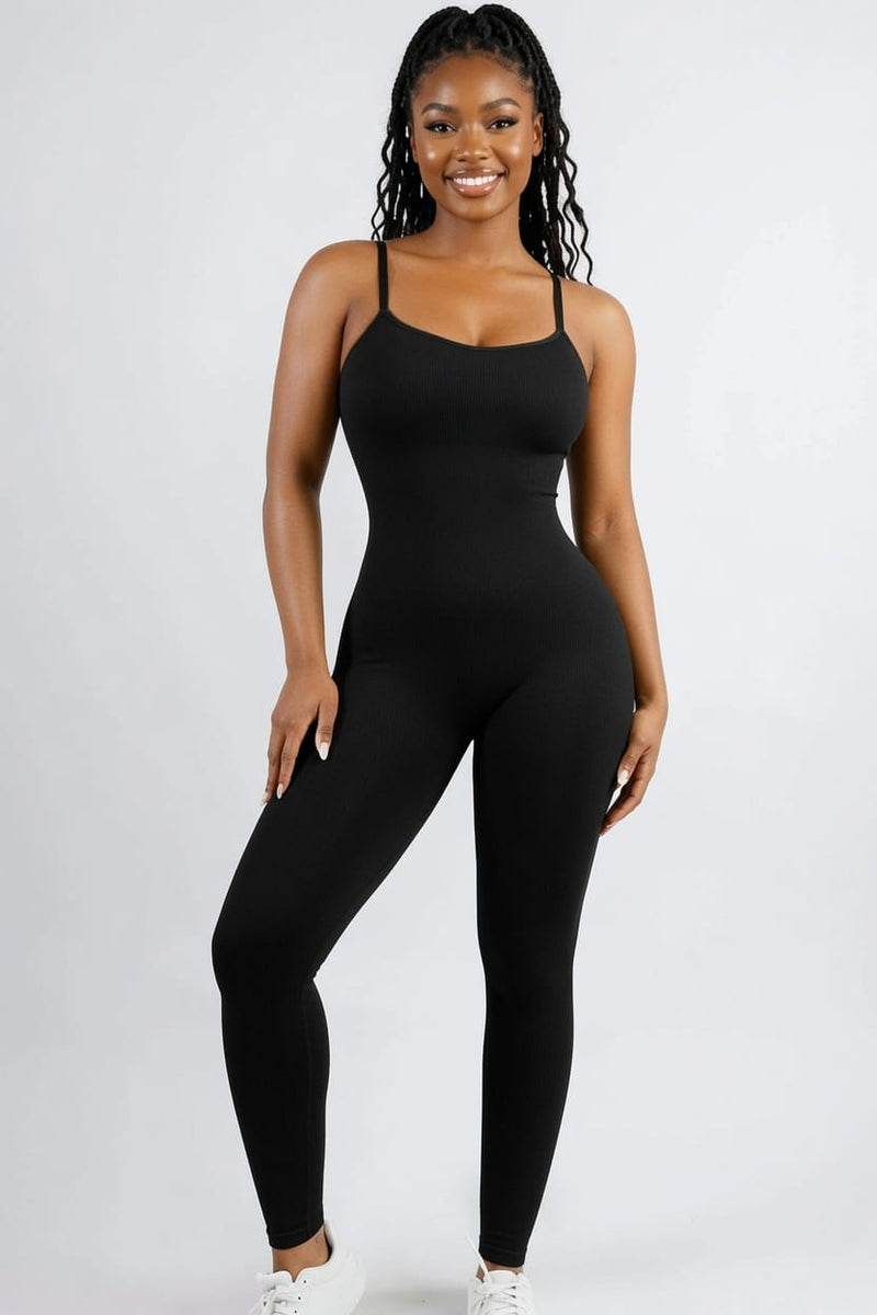 Chic Black Ribbed Shaping Full Jumpsuit