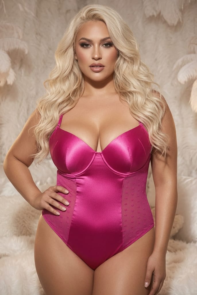 Plus Size Hot Pink Stretch Satin and Heart Mesh Teddy